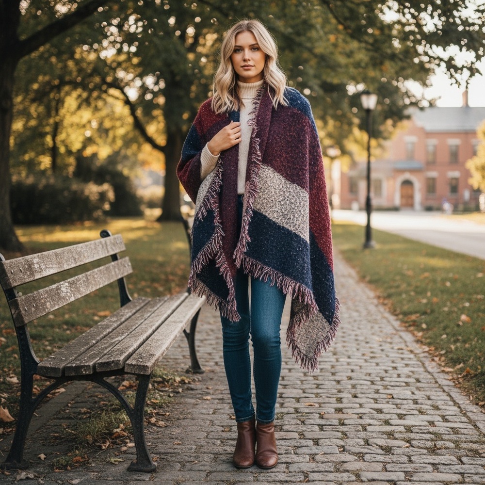 EUC Stylish Multicolor Fringed Shawl, 70 x 35, blue, maroon and gray coverup